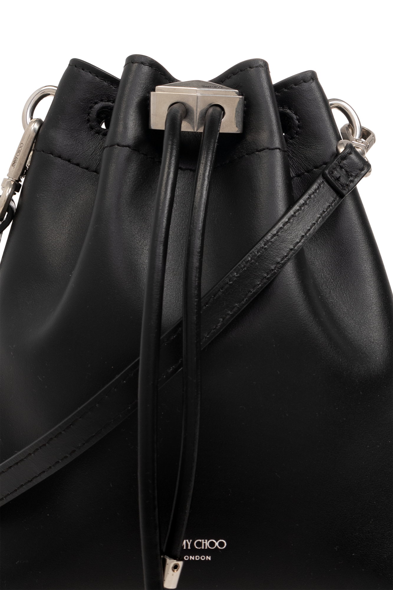 Jimmy Choo★BON BON BCKT NS MN HUT BLACK ANTIQUE SIL Bon Bon | Black Satin Bucket Bag with Metal Flowers | JIMMY CHOO